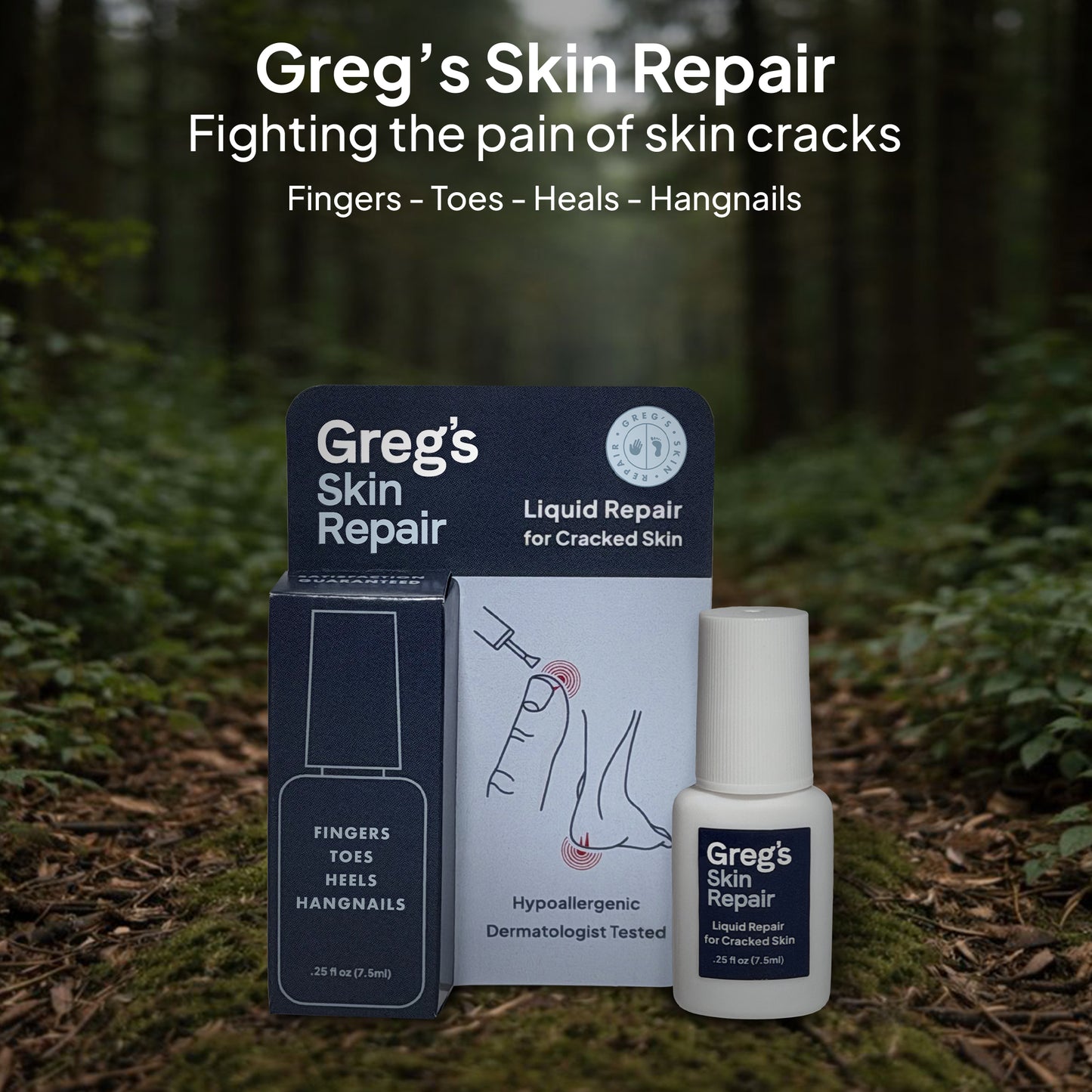 Greg's Skin Repair product packaging with bottle and box on a natural background